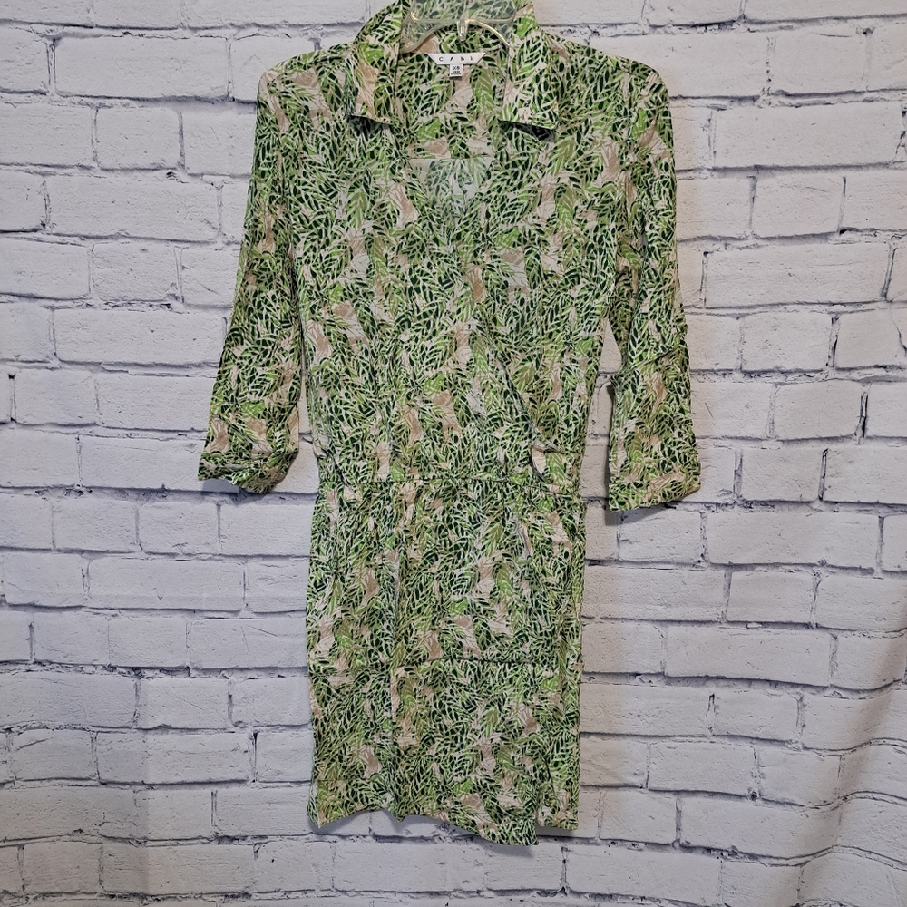 CABI Wrap Dress Leaf Print Green Tan Size XSmall